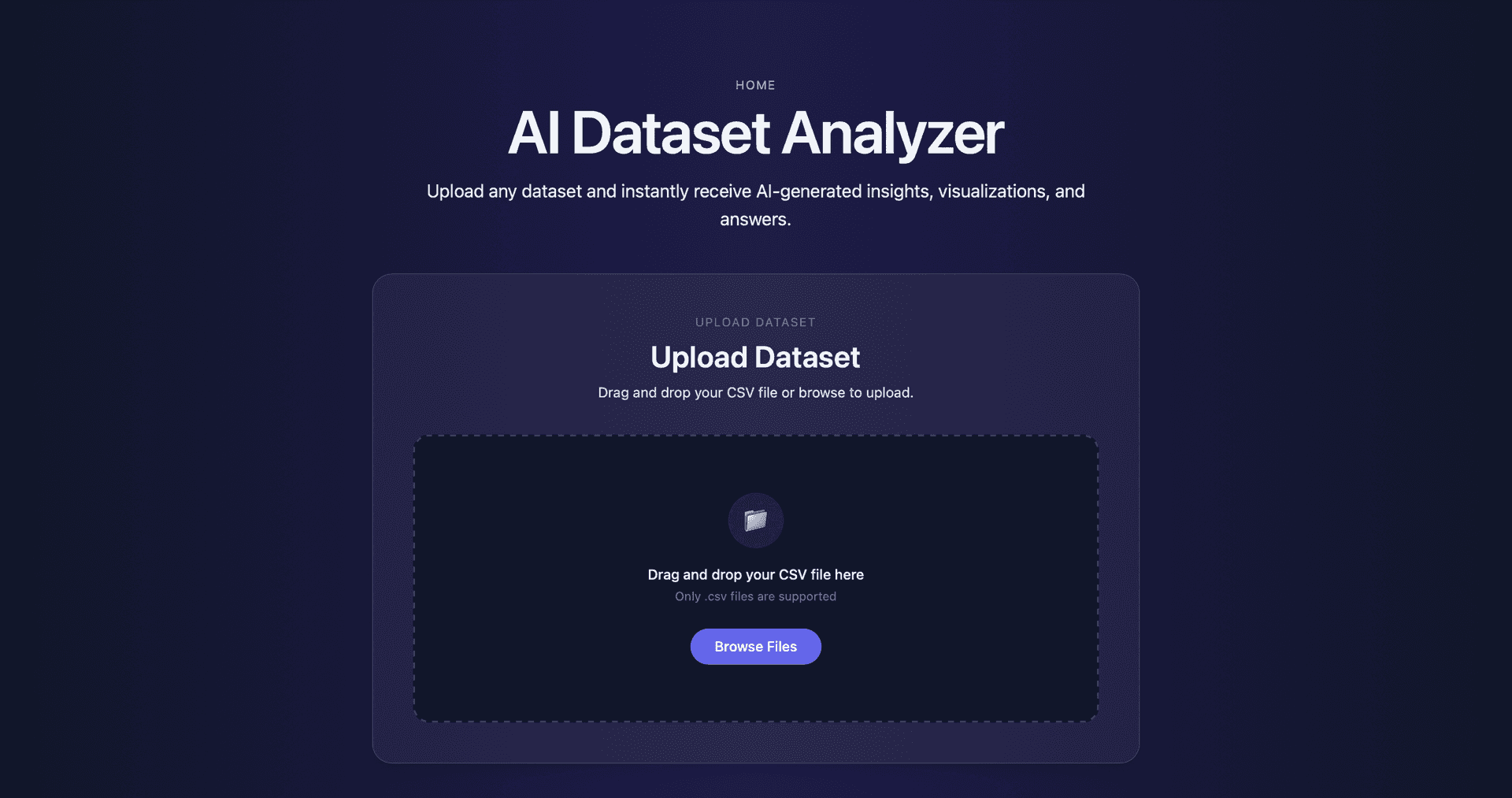 AI Dataset Analyzer interface showing dataset upload tool